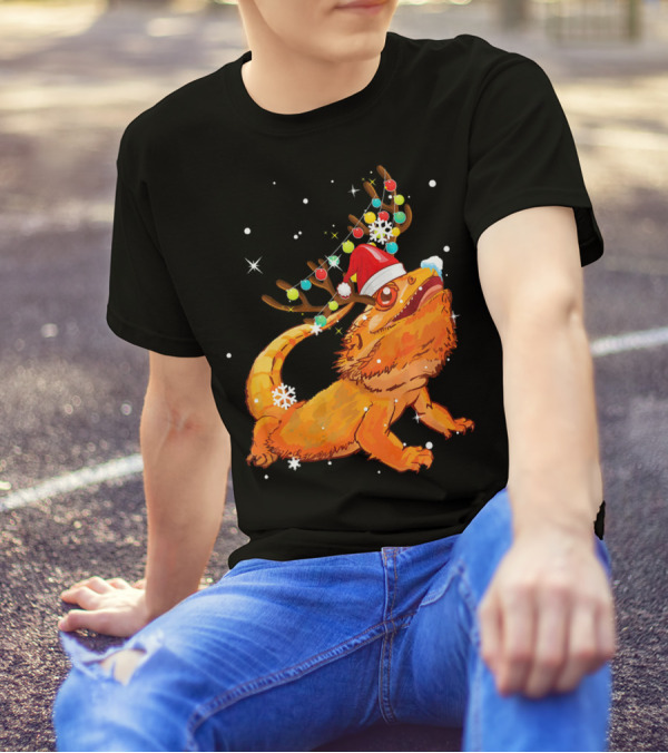 Christmas Bearded Dragon With Reindeer Antlers And Santa Hat T-Shirt