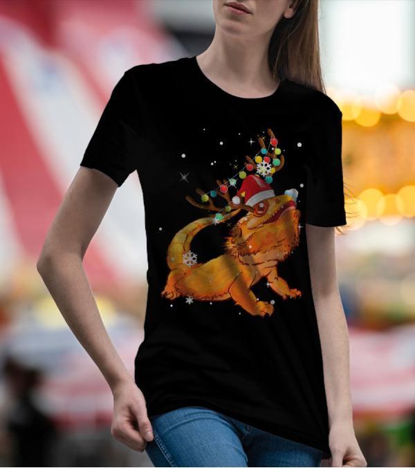 Christmas Bearded Dragon With Reindeer Antlers And Santa Hat T-Shirt