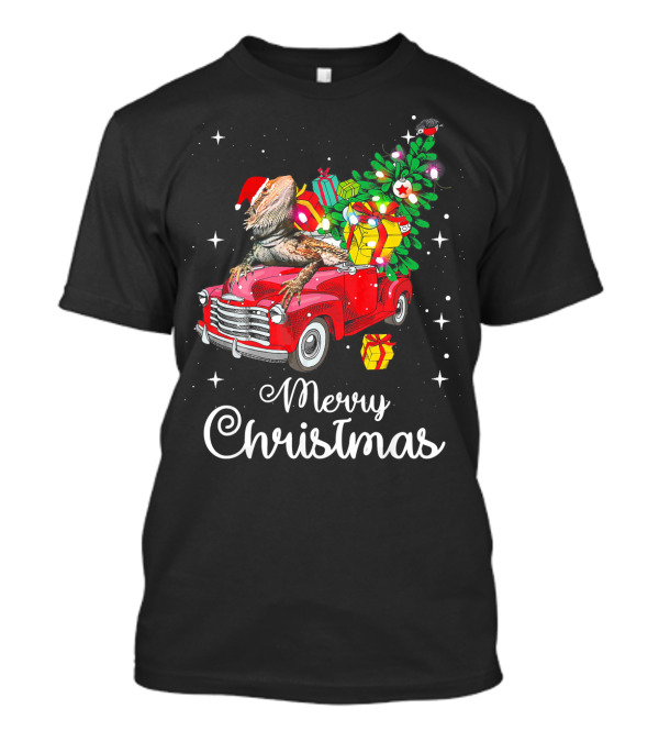 Merry Christmas Bearded Dragon Riding Red Truck With Gifts And Tree T-Shirt