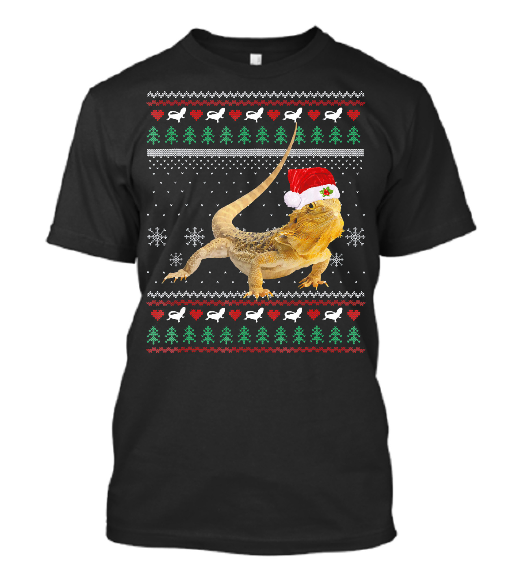 Bearded Dragon Santa Hat Ugly Christmas Sweater Snowflakes Trees Hearts T-Shirt