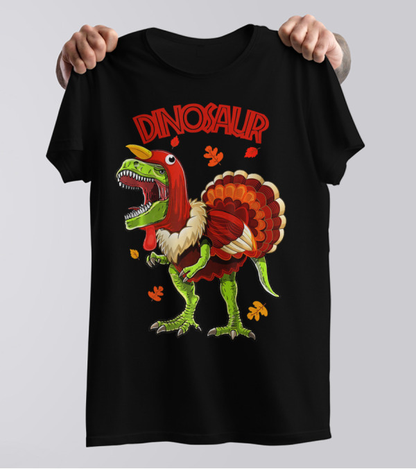 Dinosaur Turkey Thanksgiving Leaves T-Shirt