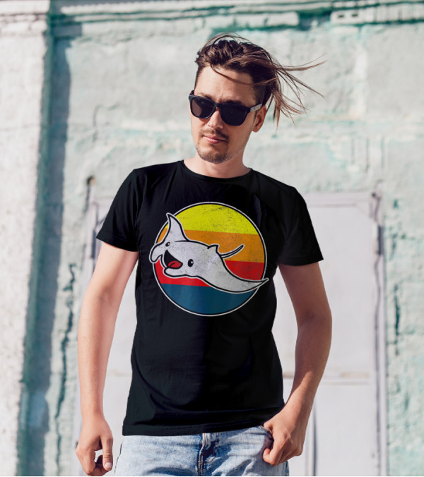 80s Retro Rad Manta Ray By Kawai Vintage Sunset Stripes T-Shirt