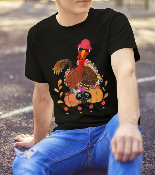 Thanksgiving Dabbing Turkey With Pumpkins And Leaves T-Shirt