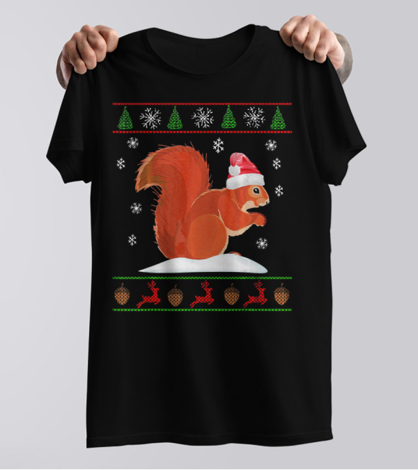 Cute Squirrel Santa Hat Snowflakes Pine Trees Reindeer Acorns T-Shirt