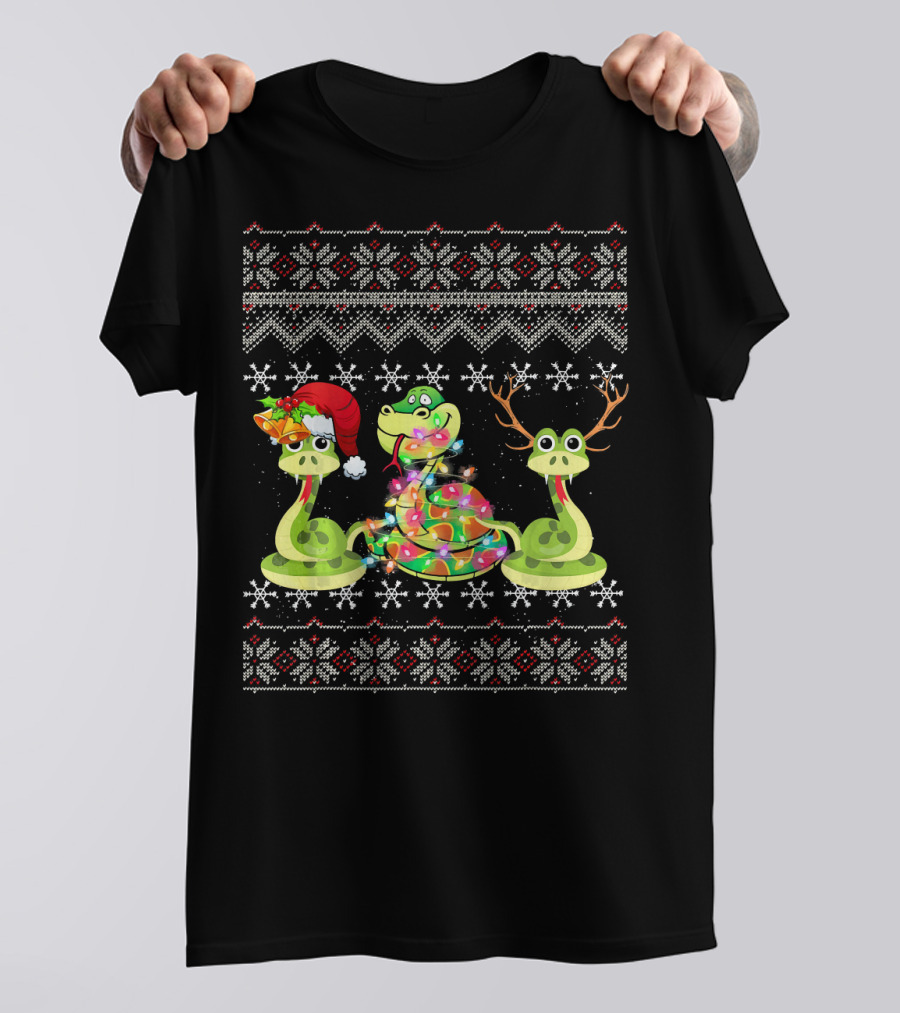 Christmas Python Snake Trio With Santa Hat And Reindeer Antlers T-Shirt
