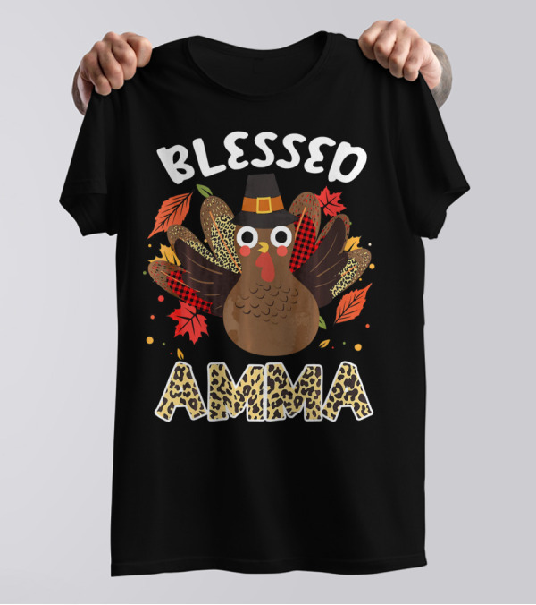 Blessed Amma Thanksgiving Turkey With Autumn Leaves T-Shirt