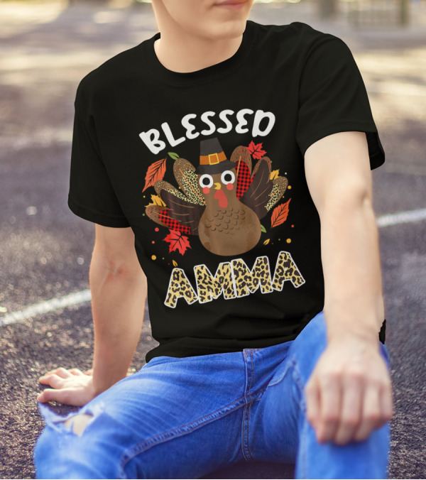 Blessed Amma Thanksgiving Turkey With Autumn Leaves T-Shirt