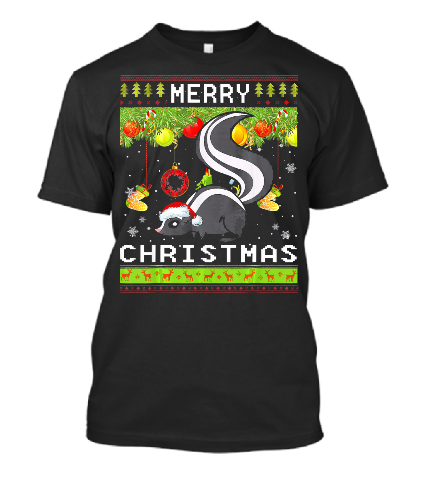 Merry Christmas Skunk With Santa Hat And Holiday Decorations T-Shirt