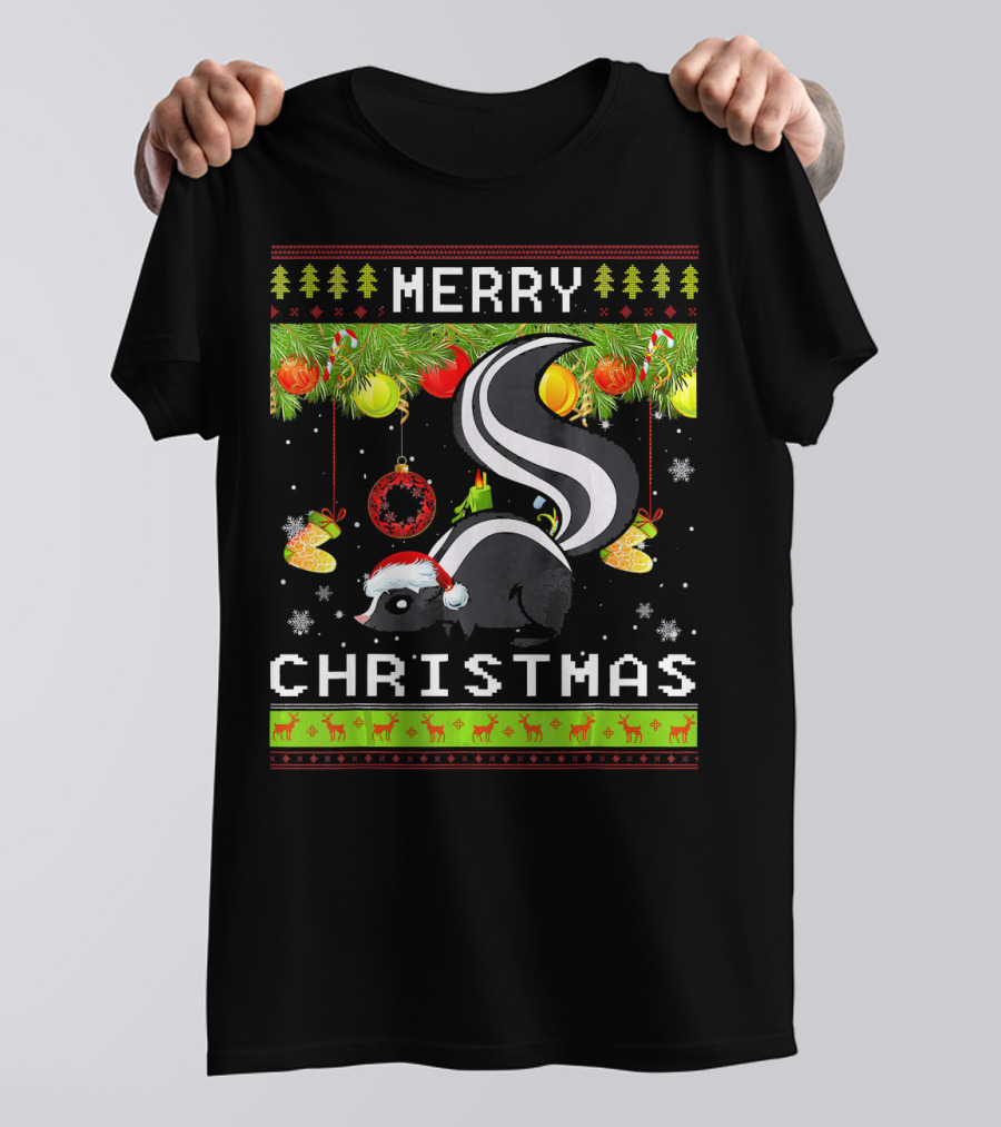 Merry Christmas Skunk With Santa Hat And Holiday Decorations T-Shirt