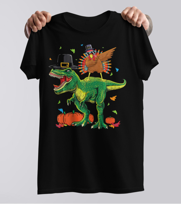 Dabbing Turkey With Pilgrim Hat Riding Dinosaur With Pumpkins T-Shirt