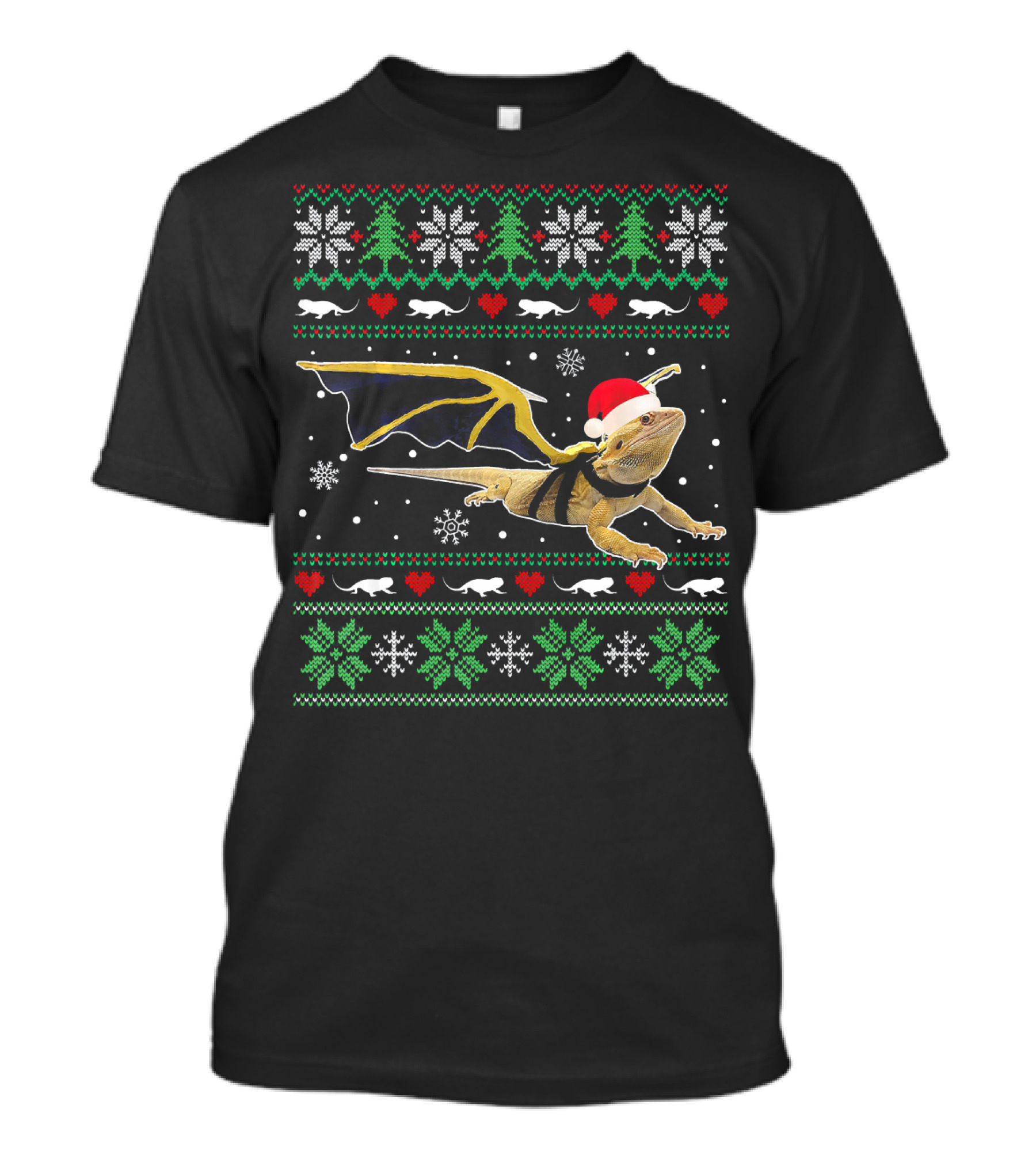 Bearded Dragon Santa Hat Ugly Christmas Sweater With Snowflakes And Hearts T-Shirt
