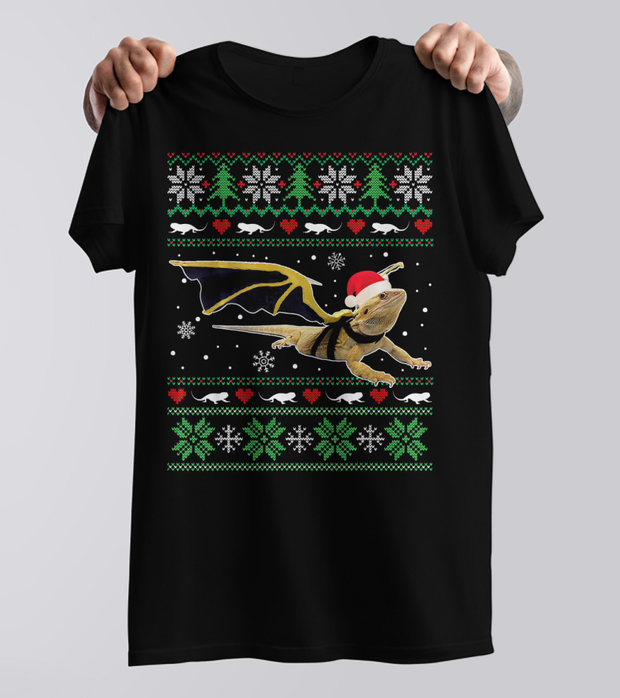 Bearded Dragon Santa Hat Ugly Christmas Sweater With Snowflakes And Hearts T-Shirt