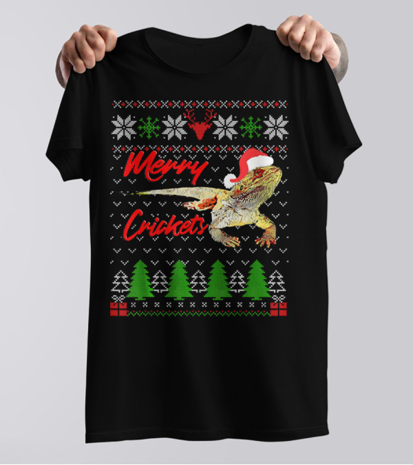 Merry Crickets Christmas Bearded Dragon Santa Hat Ugly T-Shirt