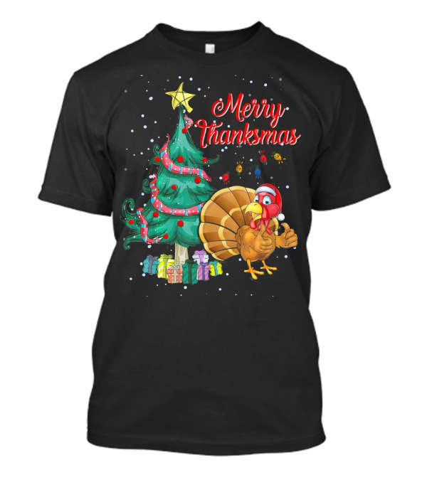 Merry Thanksmas Christmas Tree Turkey With Santa Hat And Presents T-Shirt