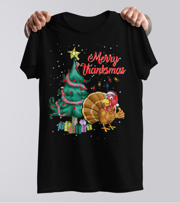 Merry Thanksmas Christmas Tree Turkey With Santa Hat And Presents T-Shirt