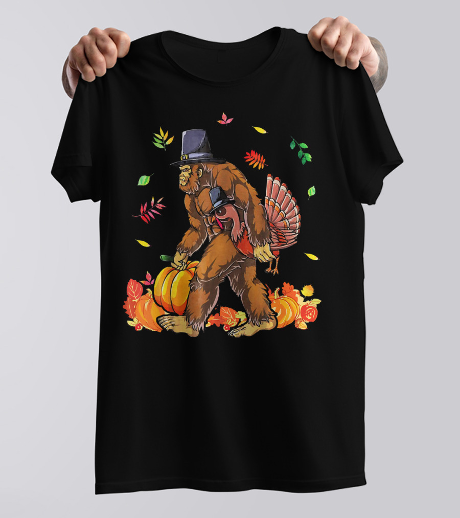 Thanksgiving Bigfoot Pilgrim With Turkey And Pumpkins T-Shirt