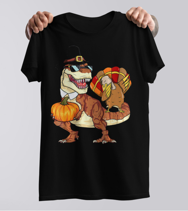 Dinosaur Chicken Turkey Pilgrim Hat Pumpkin Thanksgiving Day T-Shirt