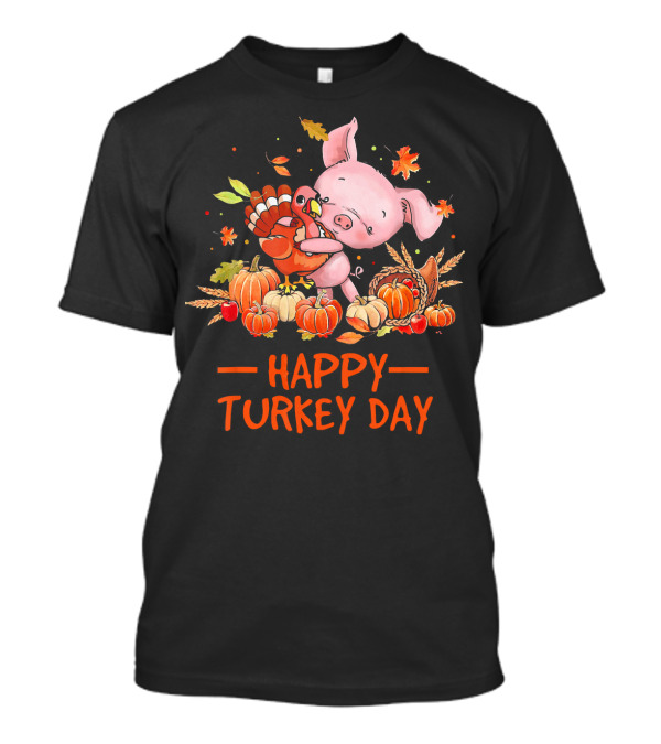 Happy Turkey Day Cute Turkey Pig Hug With Pumpkins T-Shirt