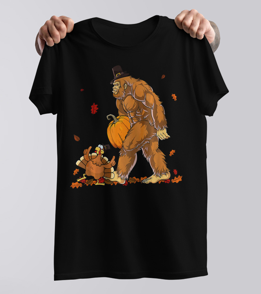 Bigfoot Pilgrim With Turkey And Pumpkin Grateful Thanksgiving T-Shirt