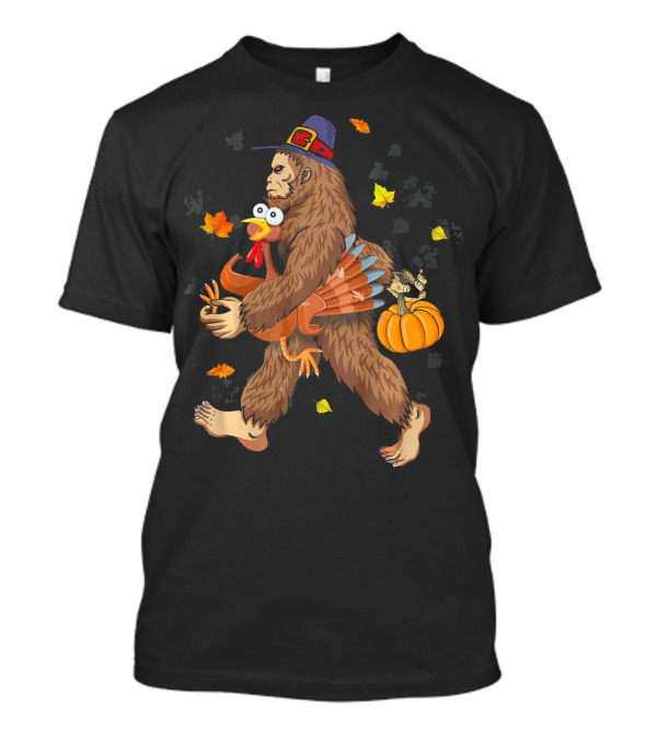 Bigfoot Sasquatch Carrying Pilgrim Hat Turkey And Pumpkin With Autumn Leaves T-Shirt
