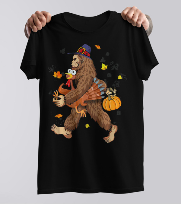 Bigfoot Sasquatch Carrying Pilgrim Hat Turkey And Pumpkin With Autumn Leaves T-Shirt