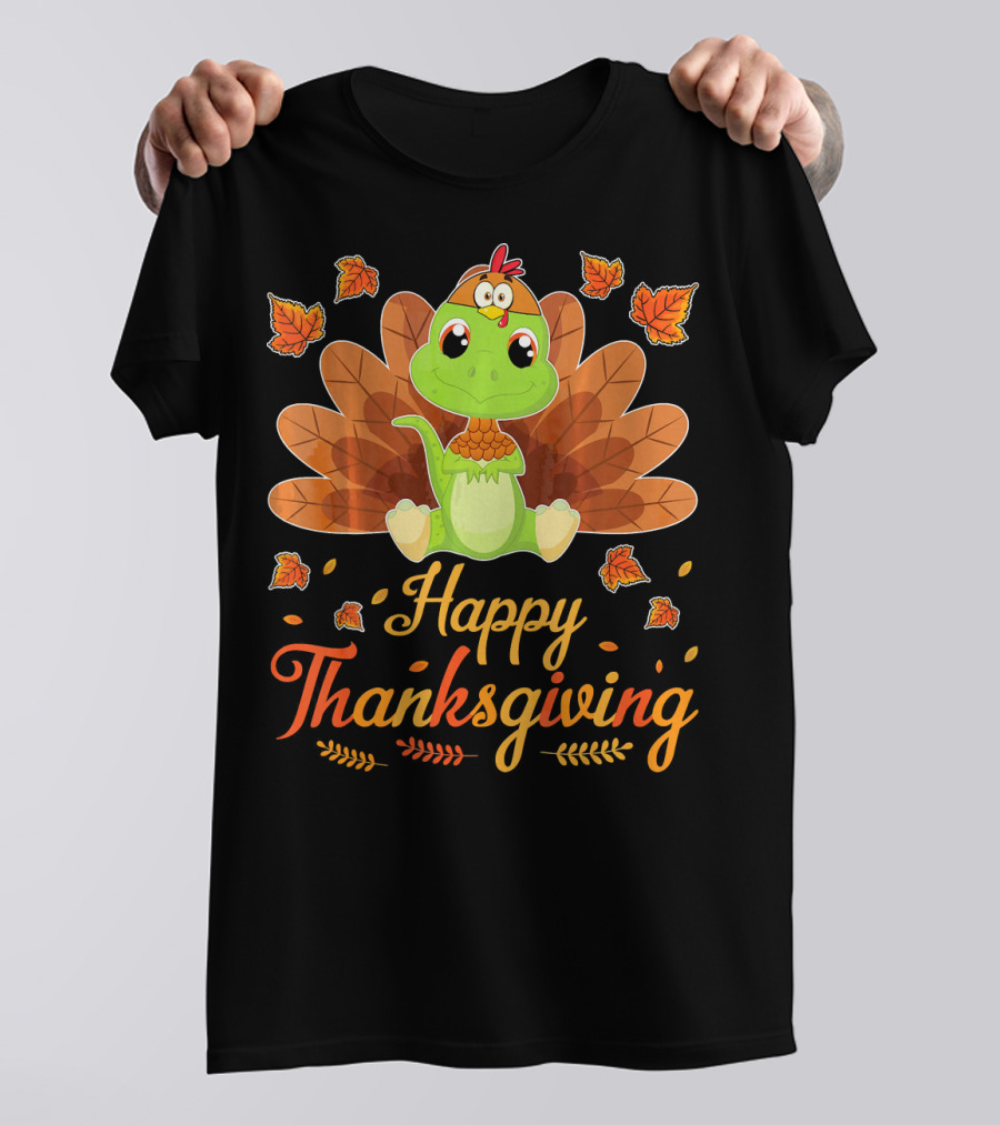 Cute Turkey Dinosaur Happy Thanksgiving With Autumn Leaves T-Shirt