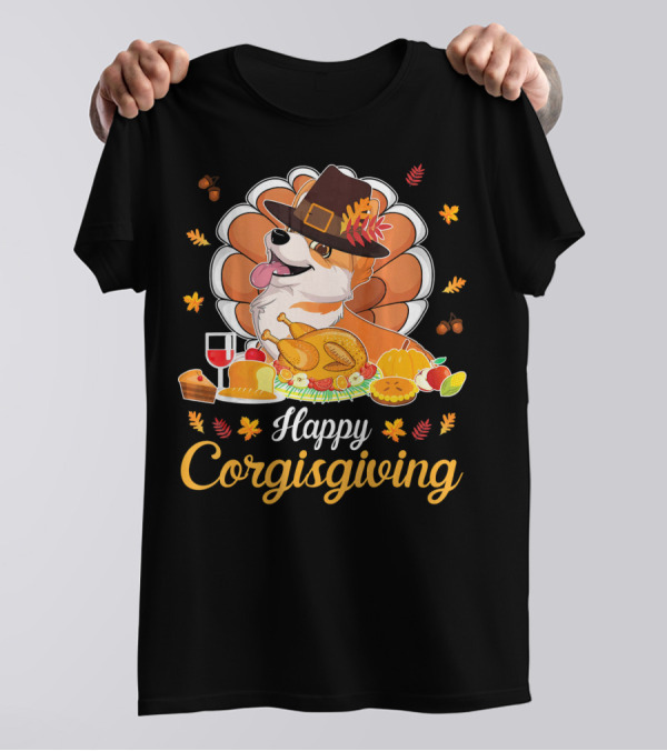 Happy Corgisgiving Pilgrim Turkey Feast Wine T-Shirt