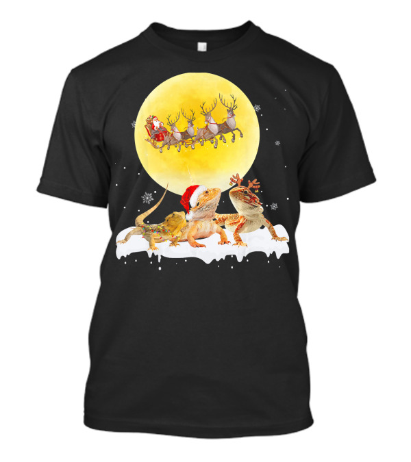 Christmas Santa Sleigh Moon Bearded Dragon Reindeer Snowflakes T-Shirt