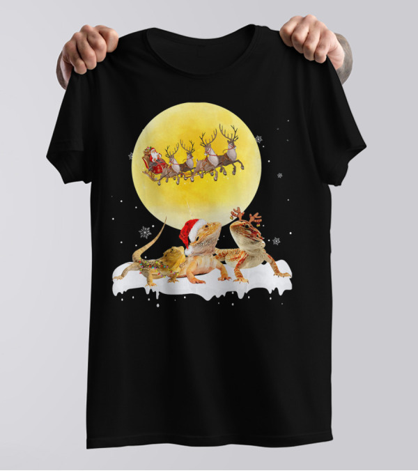Christmas Santa Sleigh Moon Bearded Dragon Reindeer Snowflakes T-Shirt