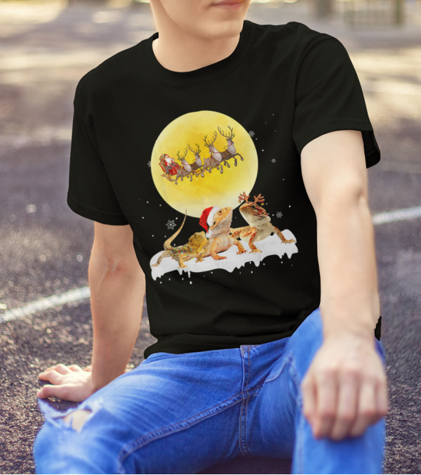 Christmas Santa Sleigh Moon Bearded Dragon Reindeer Snowflakes T-Shirt