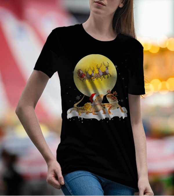 Christmas Santa Sleigh Moon Bearded Dragon Reindeer Snowflakes T-Shirt
