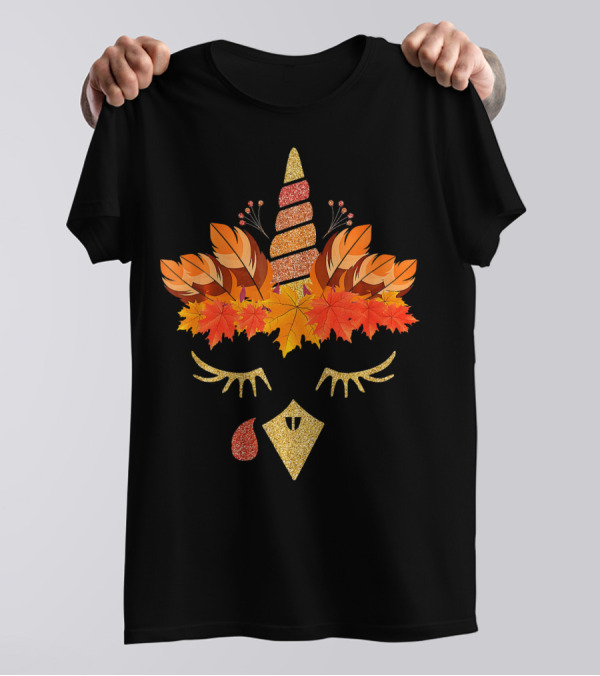 Autumn Leaves Turkey And Unicorn Face T-Shirt