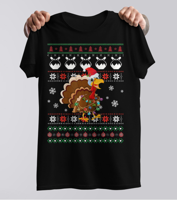 Cute Turkey Santa Hat Ugly Christmas Light T-Shirt