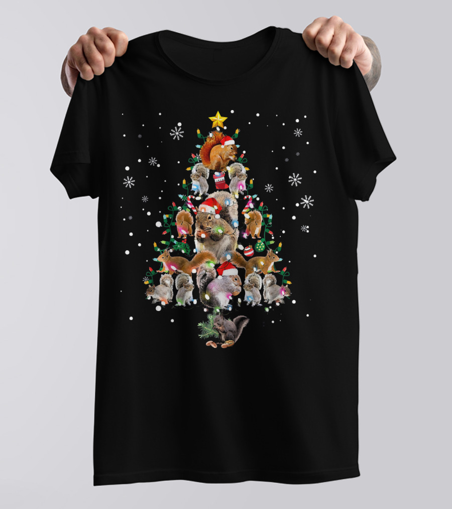Cute Squirrel Christmas Tree Light Ornament Santa Hat Snowflakes T-Shirt