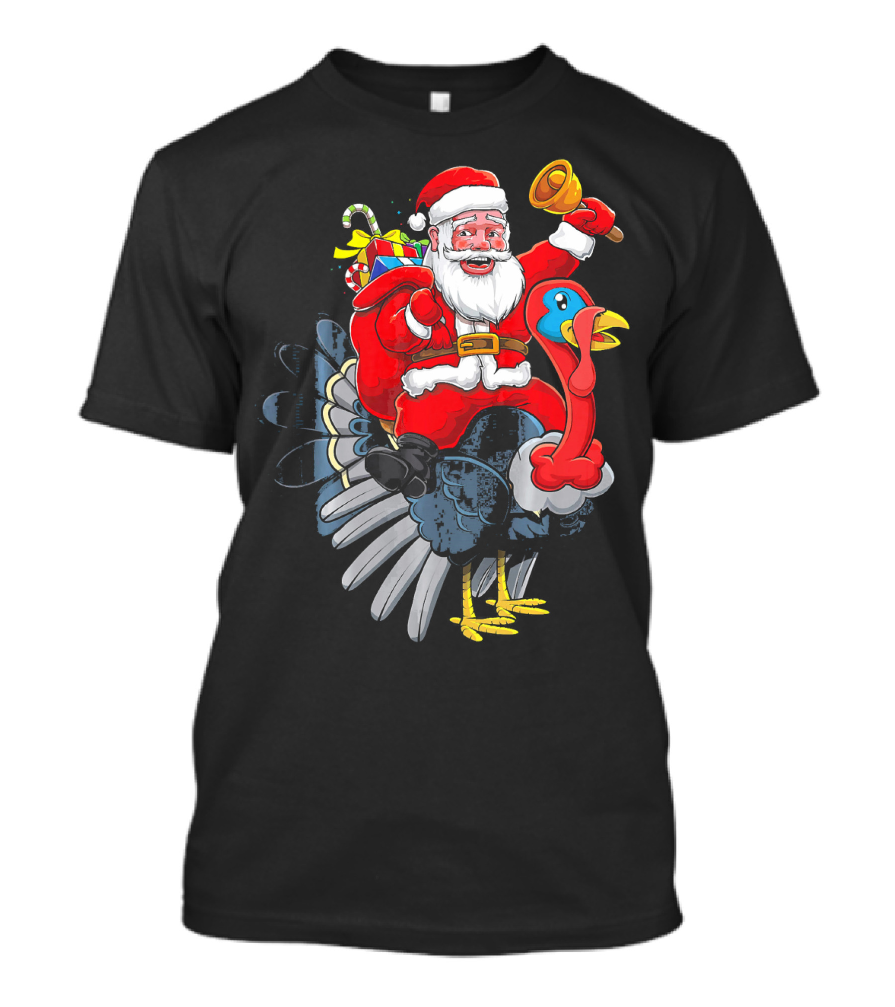 Cute Santa Claus Riding Turkey With Gifts And Bell T-Shirt