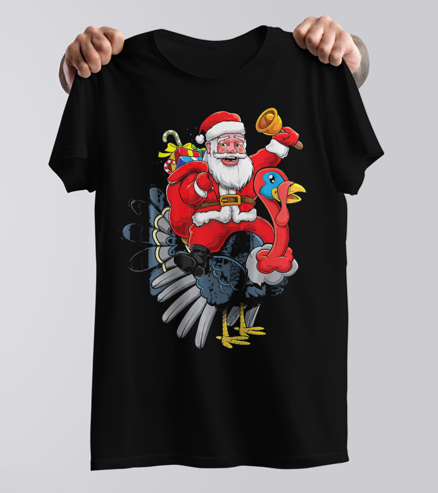 Cute Santa Claus Riding Turkey With Gifts And Bell T-Shirt