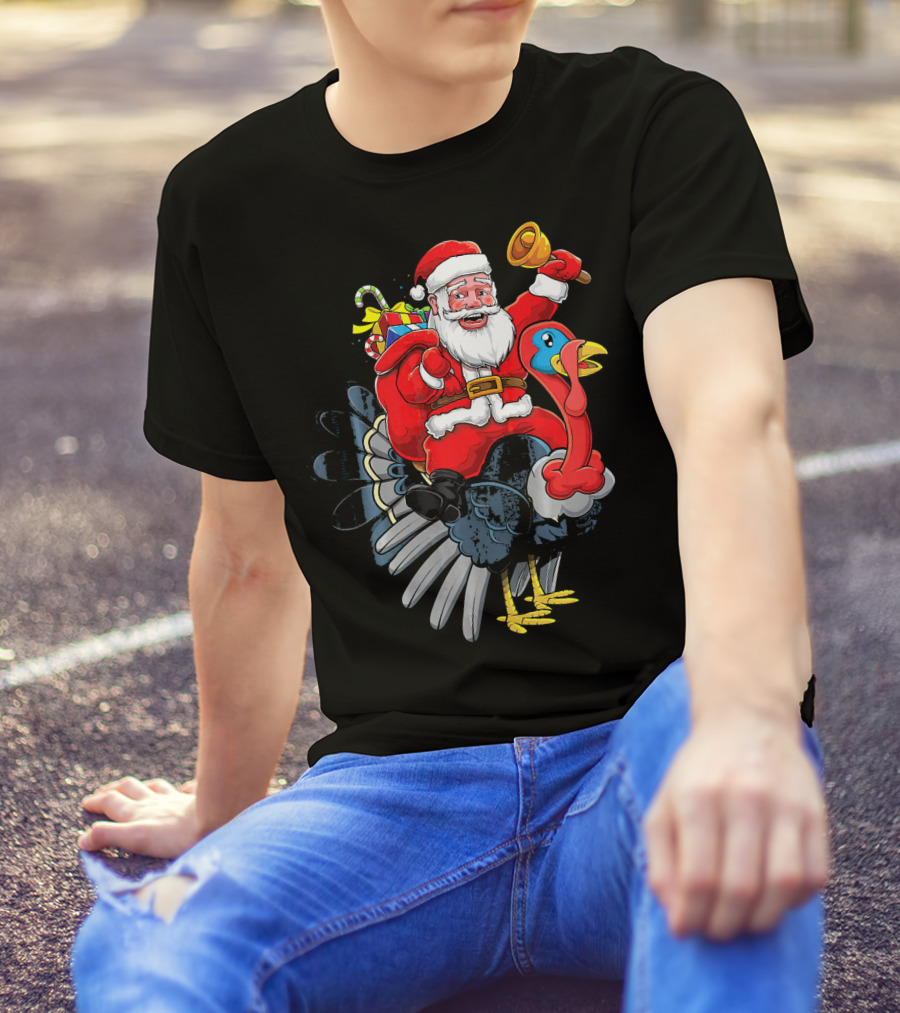 Cute Santa Claus Riding Turkey With Gifts And Bell T-Shirt