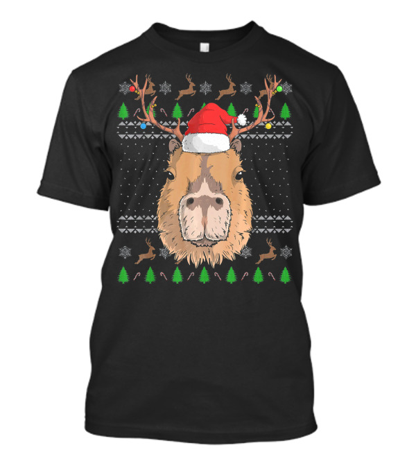 Capybara Santa Claus Hat Reindeer Antlers Christmas Sweater Pattern Snowflakes Trees T-Shirt