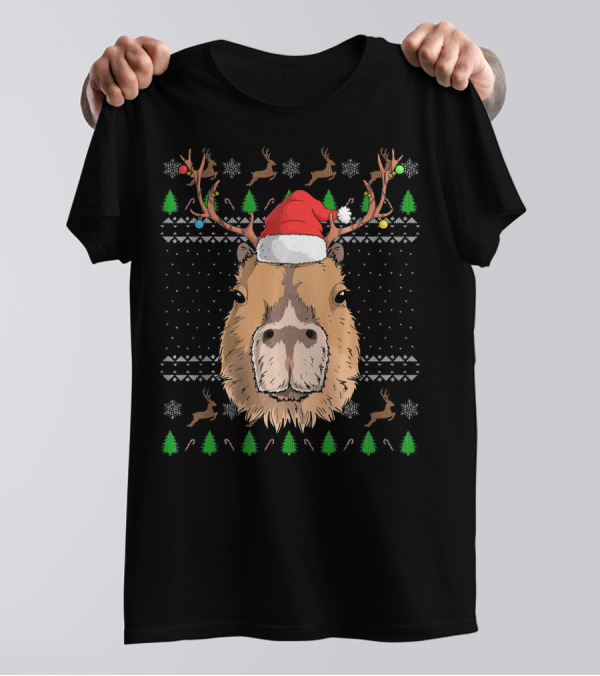 Capybara Santa Claus Hat Reindeer Antlers Christmas Sweater Pattern Snowflakes Trees T-Shirt