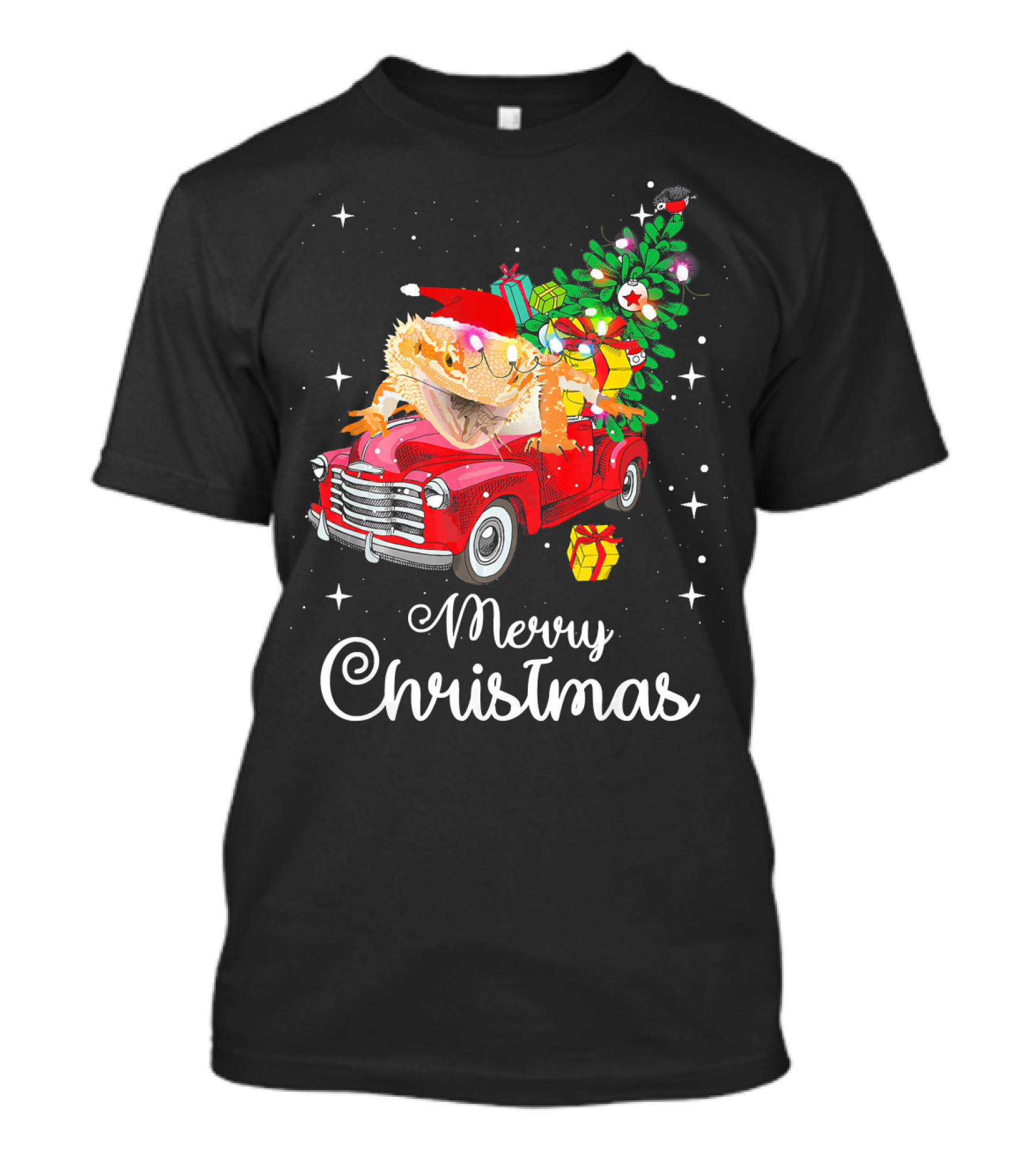 Merry Christmas Bearded Dragon Santa Hat Red Truck Christmas Tree Presents T-Shirt