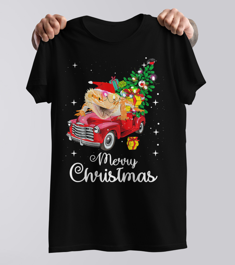 Merry Christmas Bearded Dragon Santa Hat Red Truck Christmas Tree Presents T-Shirt