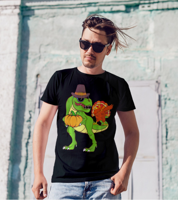 Dino Pumpkin Dabbin Turkey Pilgrim Hat Sunglasses Collection T-Shirt