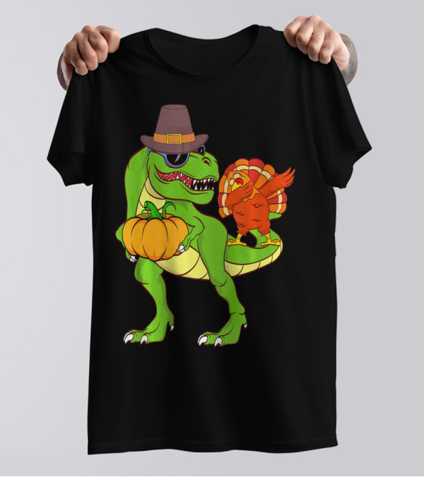 Dino Pumpkin Dabbin Turkey Pilgrim Hat Sunglasses Collection T-Shirt