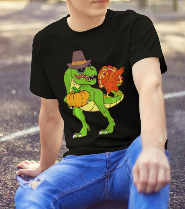 Dino Pumpkin Dabbin Turkey Pilgrim Hat Sunglasses Collection T-Shirt