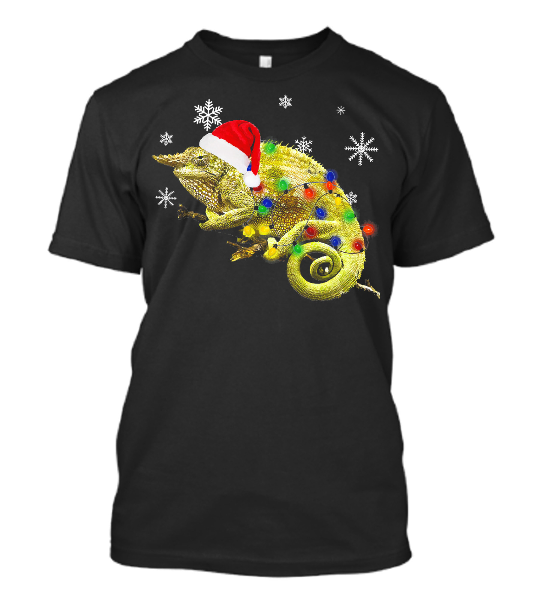Christmas Chameleon Santa Hat With Festive Lights And Snowflakes T-Shirt