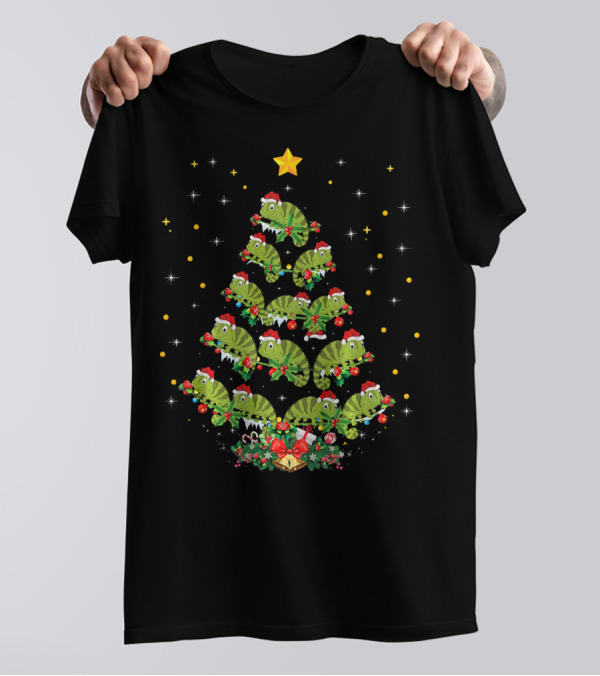 Chameleon Christmas Tree With Santa Hats And Holiday Ornaments T-Shirt