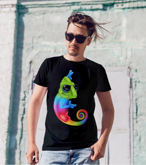 Chameleon Cool Cartoon Sunglasses Rainbow Spiral T-Shirt