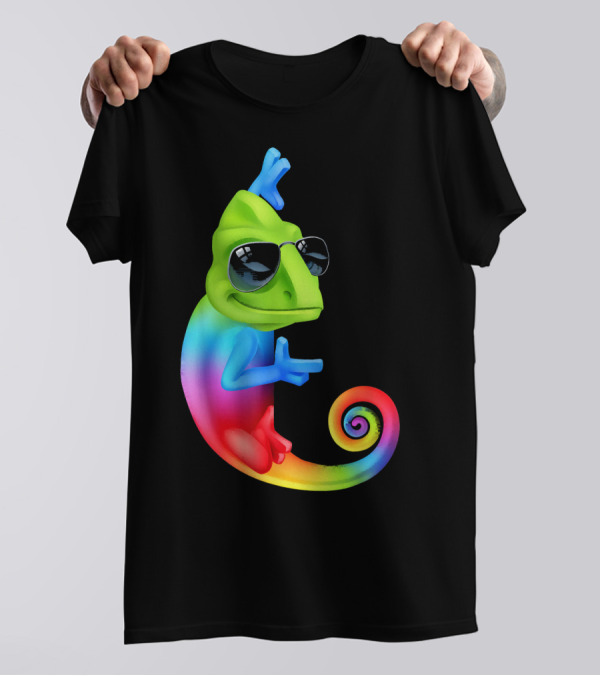 Chameleon Cool Cartoon Sunglasses Rainbow Spiral T-Shirt