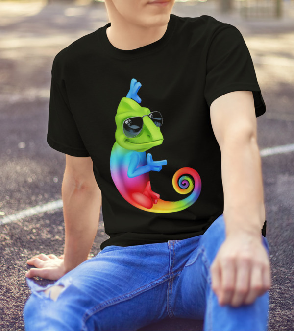 Chameleon Cool Cartoon Sunglasses Rainbow Spiral T-Shirt