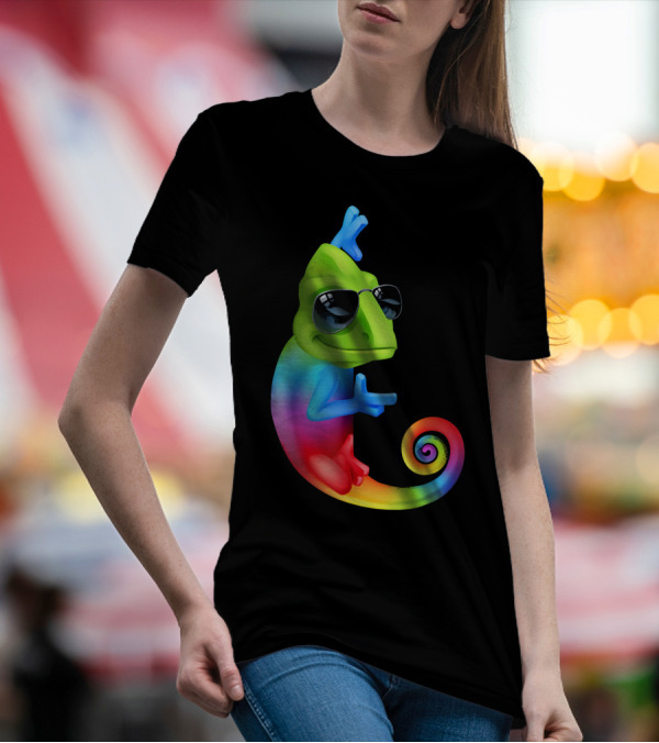 Chameleon Cool Cartoon Sunglasses Rainbow Spiral T-Shirt